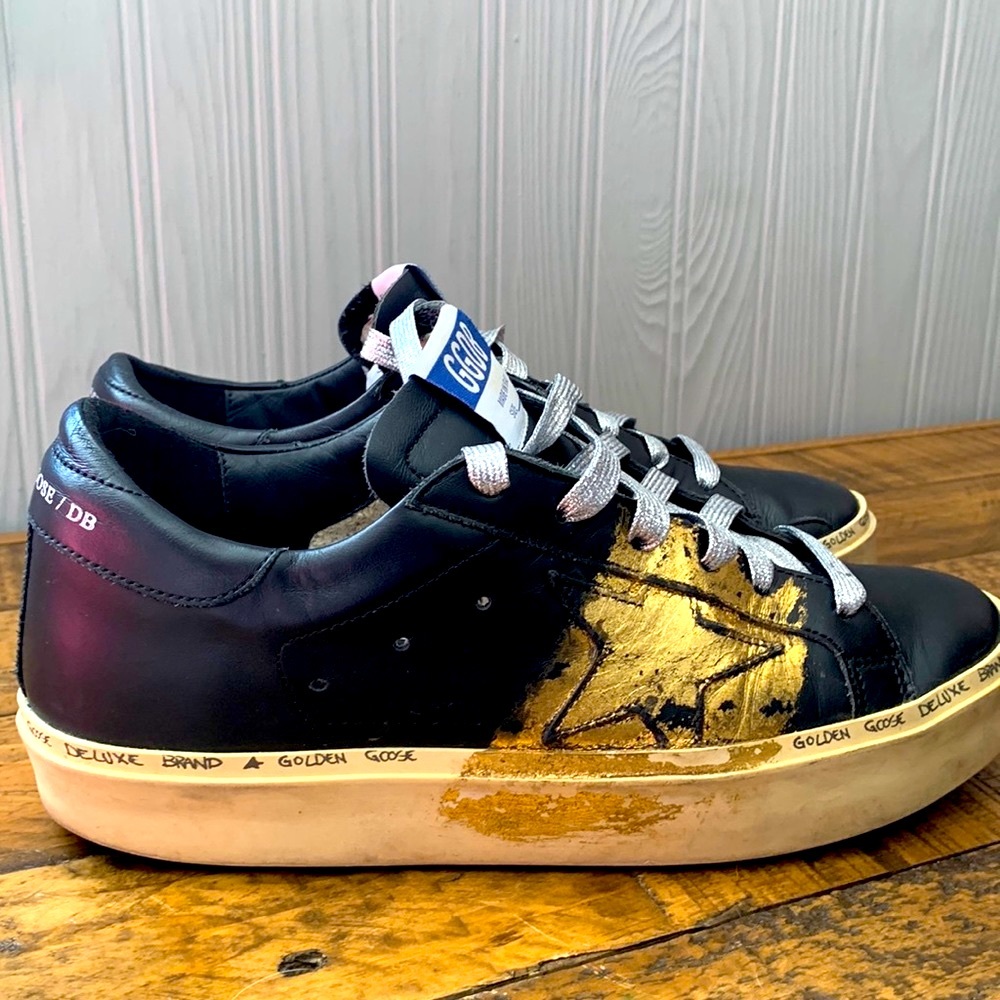 GOLDEN GOOSE HI STAR BLACK LEATHER  TRAINERS GOLD DETAIL THICK SOLE EUC SIZE 37 - Picture 4 of 16